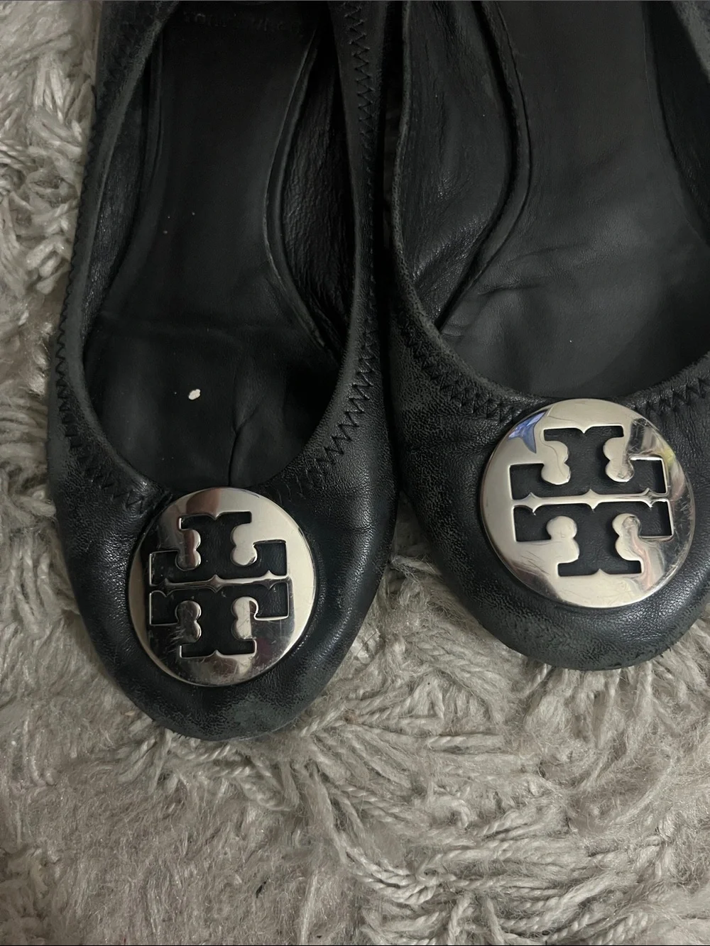 Tory Burch Black Leather and Silver Logo Reva Ballet Flats
